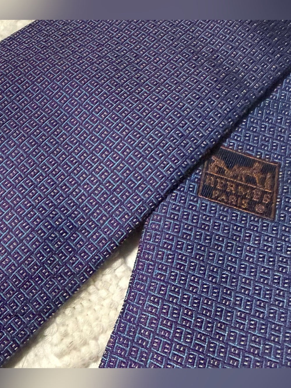 Hermes Mens Silk Tie Heavy Twill Geometric Pattern | Purple/Blue